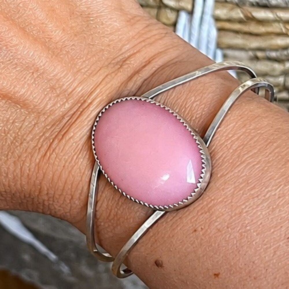 Vintage Sterling Silver Rose Quartz Cuff Bracelet Large Statement Boho Southwest